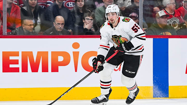 Apr 14, 2025; Montreal, Quebec, CAN; Chicago Blackhawks defenseman Artyom Levshunov (55) plays the puck against the Montreal Canadiens in the first period at Bell Centre. Mandatory Credit: David Kirouac-Imagn Images Apr 14, 2025; Montreal, Quebec, CAN; Chicago Blackhawks defenseman Artyom Levshunov (55) plays the puck against the Montreal Canadiens in the first period at Bell Centre. Mandatory Credit: David Kirouac-Imagn Images