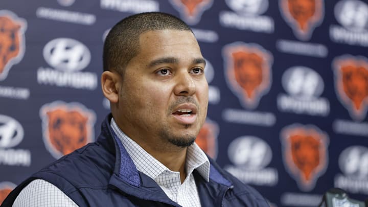Chicago Bears general manager Ryan Poles speaks during a press conference at Halas Hall.