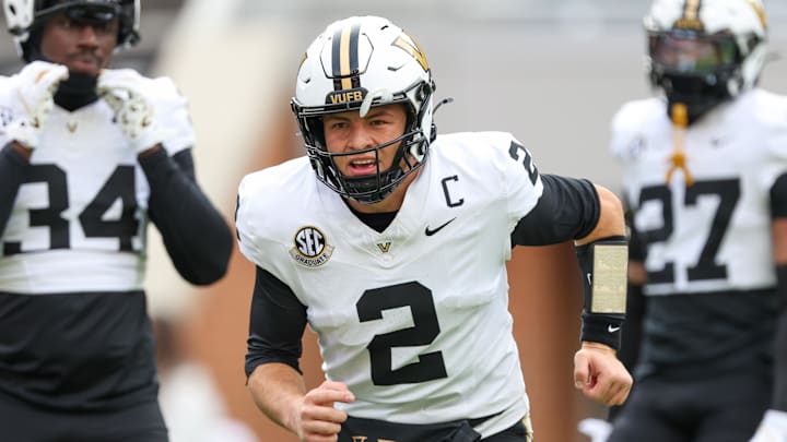 Nov 29, 2025; Knoxville, Tennessee, USA;  Vanderbilt Commodores quarterback Diego Pavia (2) warms up before a game against the Tennessee Volunteers at Neyland Stadium. Mandatory Credit: Randy Sartin-Imagn Images