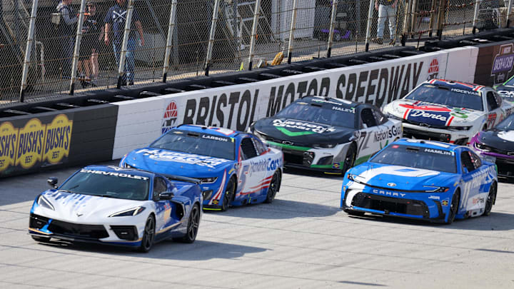 Apr 13, 2025; Bristol, Tennessee, USA; The pace car leads under caution during the NASCAR Food City 500 at Bristol Motor Speedway.