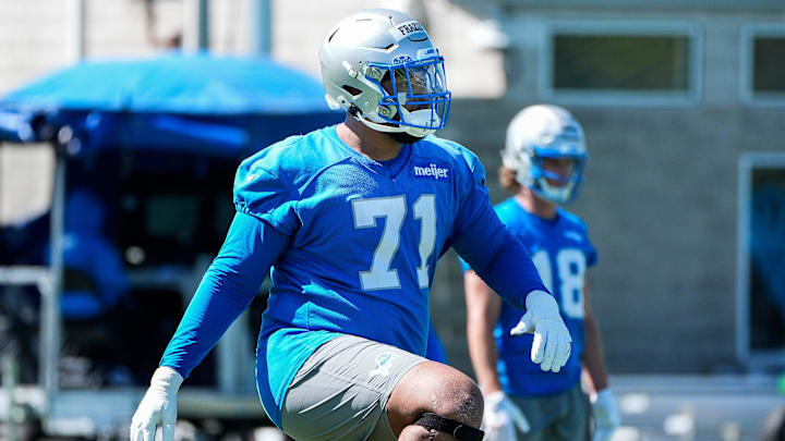 Detroit Lions offensive lineman Miles Frazier (71) practices during rookie mini camp at Meijer Performance Center in Allen Park on Friday, May 9, 2025.