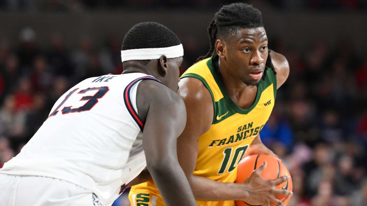 Jan 25, 2024; Spokane, Washington, USA; San Francisco Dons forward Jonathan Mogbo (10) controls the ball against Gonzaga Bulldogs forward Graham Ike (13) in the first half at McCarthey Athletic Center. Mandatory Credit: James Snook-USA TODAY Sports Jan 25, 2024; Spokane, Washington, USA; San Francisco Dons forward Jonathan Mogbo (10) controls the ball against Gonzaga Bulldogs forward Graham Ike (13) in the first half at McCarthey Athletic Center. Mandatory Credit: James Snook-USA TODAY Sports