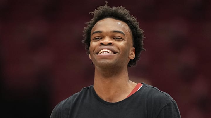 Feb 28, 2026; Stanford, California, USA; Stanford Cardinal guard Ebuka Okorie (1) stands on the court before the game against the Southern Methodist University Mustangs at Maples Pavilion. Mandatory Credit: Darren Yamashita-Imagn Images