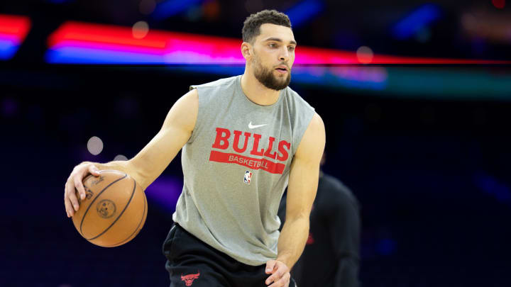 Dec 18, 2023; Philadelphia, Pennsylvania, USA; Chicago Bulls guard Zach LaVine before a game against the Philadelphia 76ers at Wells Fargo Center. Mandatory Credit: Bill Streicher-USA TODAY Sports