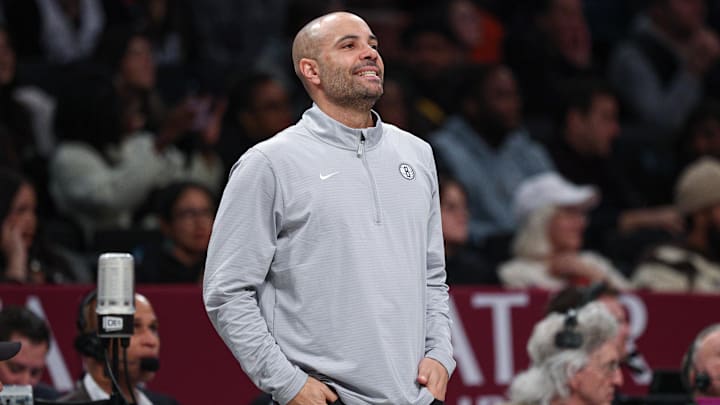 Feb 7, 2025; Brooklyn, New York, USA; Brooklyn Nets head coach Jordi Fernandez reacts during the first half against the Miami Heat at Barclays Center. Mandatory Credit: Vincent Carchietta-Imagn Images