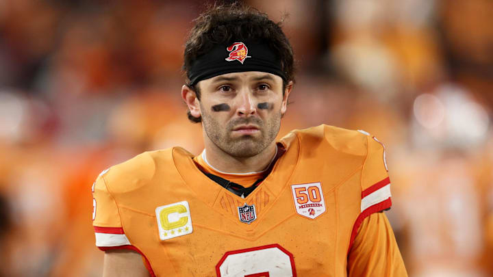 Dec 11, 2025; Tampa, Florida, USA; Tampa Bay Buccaneers quarterback Baker Mayfield (6) looks on against the Atlanta Falcons during the fourth quarter at Raymond James Stadium. Mandatory Credit: Nathan Ray Seebeck-Imagn Images Dec 11, 2025; Tampa, Florida, USA; Tampa Bay Buccaneers quarterback Baker Mayfield (6) looks on against the Atlanta Falcons during the fourth quarter at Raymond James Stadium. Mandatory Credit: Nathan Ray Seebeck-Imagn Images