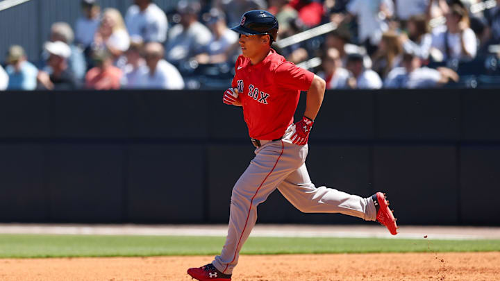 Mar 18, 2025; Tampa, Florida, USA; Boston Red Sox outfielder Masataka Yoshida (7) runs the bases after hitting a two run home run against the New York Yankees in the sixth inning during spring training at George M. Steinbrenner Field. Mandatory Credit: Nathan Ray Seebeck-Imagn Images