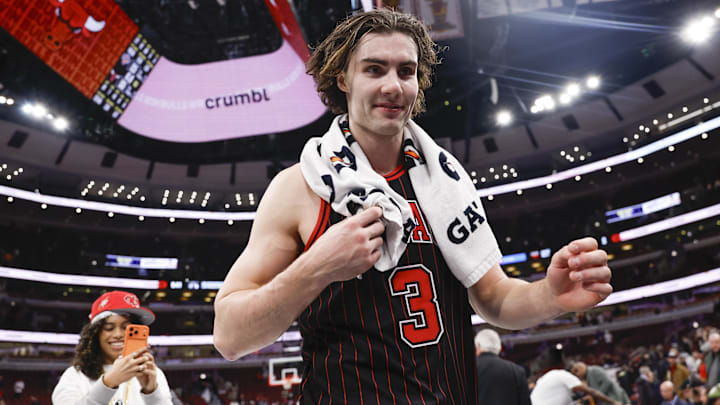 Oct 31, 2025; Chicago, Illinois, USA; Chicago Bulls guard Josh Giddey (3) celebrates after team's win against the New York Knicks at United Center. Mandatory Credit: Kamil Krzaczynski-Imagn Images