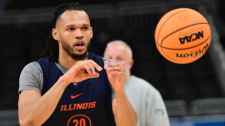 Mar 20, 2025; Milwaukee, WI, USA; Illinois Fighting Illini guard Ty Rodgers (20) works out during NCAA Tournament First Round Practice at Fiserv Forum. Mandatory Credit: Benny Sieu-Imagn Images