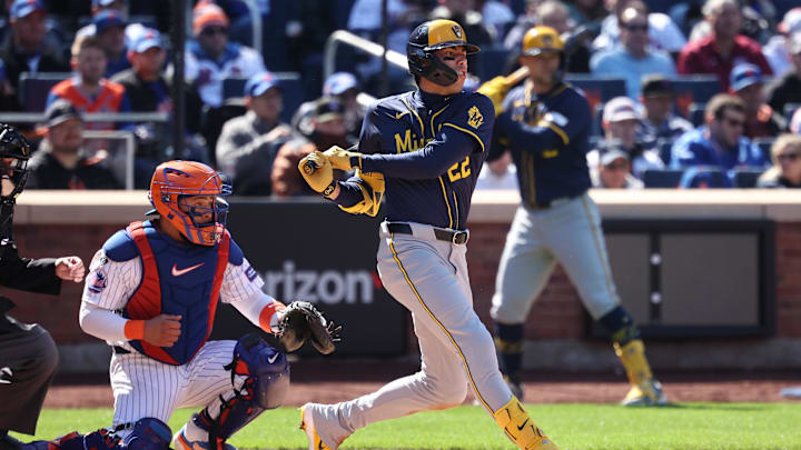 Mar 29, 2024; New York City, New York, USA; Milwaukee Brewers left fielder Christian Yelich (22)
