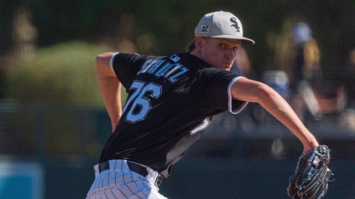 Feb 26, 2025; Phoenix, Arizona, USA; Chicago White Sox pitcher Noah Schultz (76) throws the first pitches of his major league career during the fifth inning of a spring training game against the San Diego Padres at Camelback Ranch. Mandatory Credit: Allan Henry-Imagn Images 