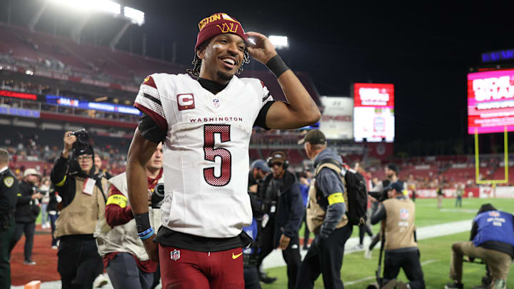 Jan 12, 2025: Washington Commanders quarterbackJayden Daniels celebrates after winning a NFC wild card playoff against the Tampa Bay Buccaneers. 