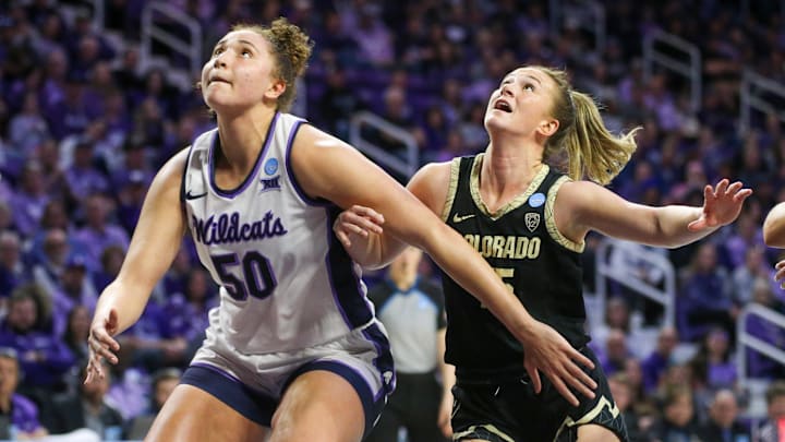Mar 24, 2024; Manhattan, Kansas, USA; Kansas State Wildcats center Ayoka Lee (50) blocks out a Colorado defender.