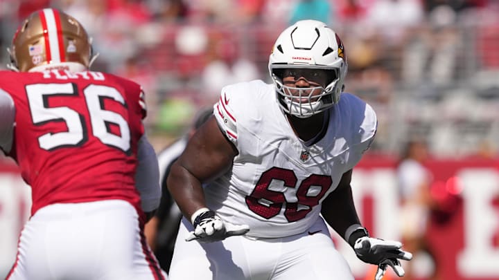 Oct 6, 2024; Santa Clara, California, USA; Arizona Cardinals offensive tackle Kelvin Beachum (68) blocks against San Francisco 49ers defensive end Leonard Floyd (56) during the second quarter at Levi's Stadium. Mandatory Credit: Darren Yamashita-Imagn Images Oct 6, 2024; Santa Clara, California, USA; Arizona Cardinals offensive tackle Kelvin Beachum (68) blocks against San Francisco 49ers defensive end Leonard Floyd (56) during the second quarter at Levi's Stadium. Mandatory Credit: Darren Yamashita-Imagn Images