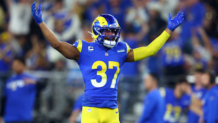 Jan 13, 2025; Glendale, AZ, USA; Los Angeles Rams safety Quentin Lake (37) reacts during the second half against the Minnesota Vikings in an NFC wild card game at State Farm Stadium. Mandatory Credit: Mark J. Rebilas-Imagn Images
