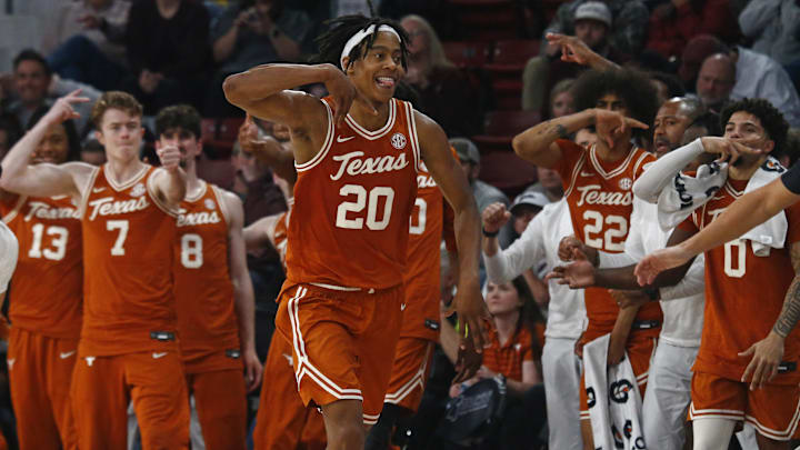 Mar 4, 2025; Starkville, Mississippi, USA; Texas Longhorns guard Tre Johnson (20) reacts after basket during the second half against the Mississippi State Bulldogs at Humphrey Coliseum. Mandatory Credit: Petre Thomas-Imagn Images Mar 4, 2025; Starkville, Mississippi, USA; Texas Longhorns guard Tre Johnson (20) reacts after basket during the second half against the Mississippi State Bulldogs at Humphrey Coliseum. Mandatory Credit: Petre Thomas-Imagn Images