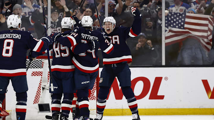Feb 20, 2025; Boston, MA, USA; [Imagn Images direct customers only] United States forward Brady Tkachuk (7) celebrates a goal against Canada during the 4 Nations Face-Off ice hockey championship game against Canada at TD Garden. Mandatory Credit: Winslow Townson-Imagn Images