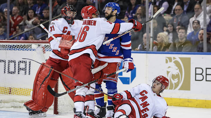 Mar 21, 2023; New York, New York, USA;  Carolina Hurricanes left wing Teuvo Teravainen (86) and New