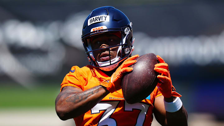 Denver Broncos running back RJ Harvey (37) during rookie minicamp at Broncos Park Powered by CommonSpirit. Denver Broncos running back RJ Harvey (37) during rookie minicamp at Broncos Park Powered by CommonSpirit.
