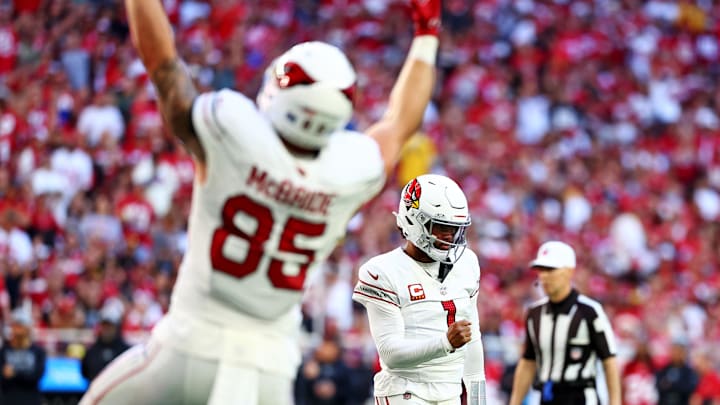 Dec 17, 2023; Glendale, Arizona, USA; Arizona Cardinals quarterback Kyler Murray (1) and tight end Trey McBride (85) celebrates after running back James Conner (not pictured) scored a touchdown during the first quarter against the San Francisco 49ers at State Farm Stadium. Mandatory Credit: Mark J. Rebilas-Imagn Images