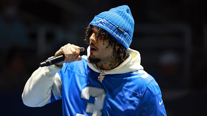 LiAngelo Ball, also known by G3 GELO, performs his hit song "Tweaker" during halftime of a NFL Playoff game between the Detroit Lions and Washington Commanders. 