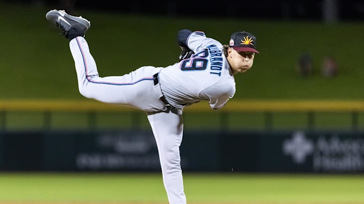 Nov 9, 2025; Mesa, AZ, USA; Miami Marlins pitcher Karson Milbrandt during the Arizona Fall League Fall Stars Game at Sloan Park. 