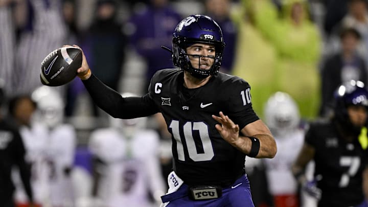 Nov 29, 2025; Fort Worth, Texas, USA; TCU Horned Frogs quarterback Josh Hoover (10) throws the ball during the second half against the Cincinnati Bearcats at Amon G. Carter Stadium. Mandatory Credit: Jerome Miron-Imagn Images Nov 29, 2025; Fort Worth, Texas, USA; TCU Horned Frogs quarterback Josh Hoover (10) throws the ball during the second half against the Cincinnati Bearcats at Amon G. Carter Stadium. Mandatory Credit: Jerome Miron-Imagn Images