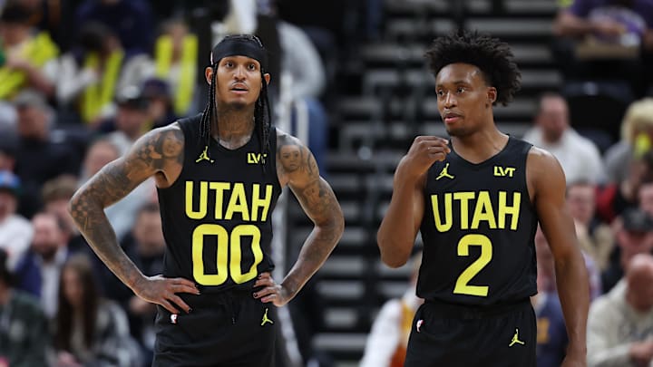 Mar 6, 2024; Salt Lake City, Utah, USA; Utah Jazz guard Jordan Clarkson (00) and guard Collin Sexton (2) speak during a second quarter break in action against the Chicago Bulls at Delta Center. Mandatory Credit: Rob Gray-Imagn Images Mar 6, 2024; Salt Lake City, Utah, USA; Utah Jazz guard Jordan Clarkson (00) and guard Collin Sexton (2) speak during a second quarter break in action against the Chicago Bulls at Delta Center. Mandatory Credit: Rob Gray-Imagn Images