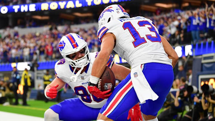 Dec 8, 2024; Inglewood, California, USA; Buffalo Bills wide receiver Mack Hollins (13) celebrates his touchdown scored against the Los Angeles Rams with tight end Dawson Knox (88)