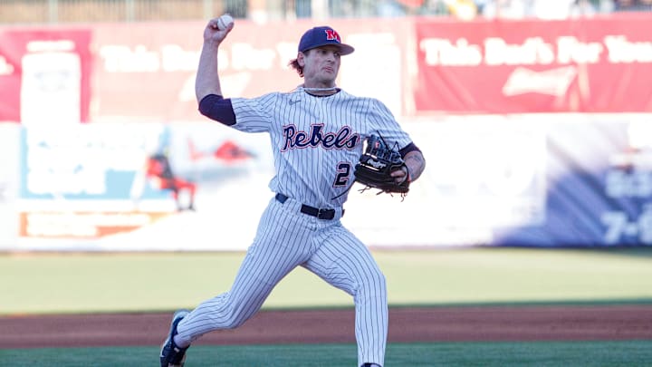 Ole Miss starting pitcher Riley Maddox (2) throws his opening pitch in the SEC game against Southern Miss. baseball at Trustmark Park in Pearl, Miss. on Tuesday, March 19, 2024.