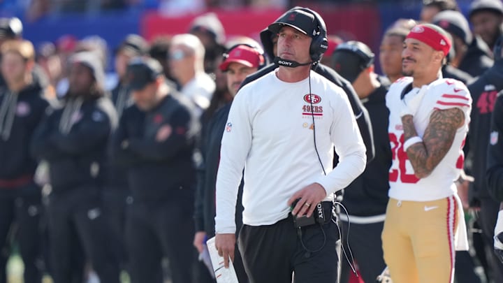 Nov 2, 2025; East Rutherford, New Jersey, USA; San Francisco 49ers head coach Kyle Shanahan looks on from the sidelines against the New York Giants during the first half at MetLife Stadium. Mandatory Credit: Robert Deutsch-Imagn Images