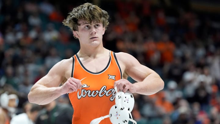 Oklahoma State's Landon Robideau celebrates after winning his match against NC State's Jackson Arrington at 157 pounds during the National Duals Invitational at the BOK Center in Tulsa, Okla, Saturday, Nov. 15, 2025. Oklahoma State's Landon Robideau celebrates after winning his match against NC State's Jackson Arrington at 157 pounds during the National Duals Invitational at the BOK Center in Tulsa, Okla, Saturday, Nov. 15, 2025.
