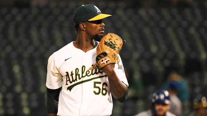 Jun 19, 2024; Oakland, California, USA; Oakland Athletics relief pitcher Dany Jimenez (56) on the mound against the Kansas City Royals during the seventh inning at Oakland-Alameda County Coliseum. Mandatory Credit: Kelley L Cox-Imagn Images Jun 19, 2024; Oakland, California, USA; Oakland Athletics relief pitcher Dany Jimenez (56) on the mound against the Kansas City Royals during the seventh inning at Oakland-Alameda County Coliseum. Mandatory Credit: Kelley L Cox-Imagn Images