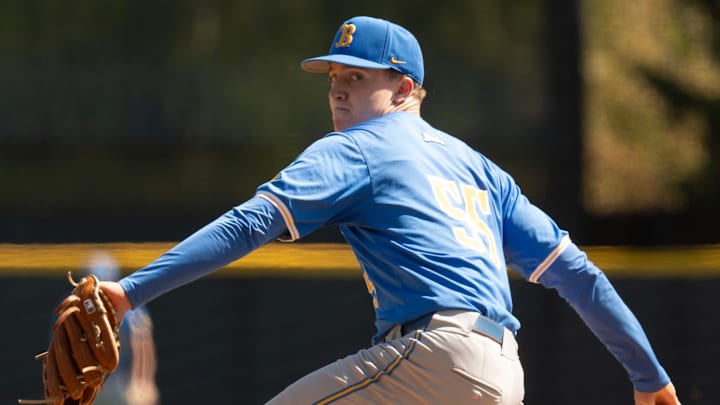 UCLA pitcher Michael Barnett throws against Oregon during the first inning at PK Park in Eugene April 19, 2025