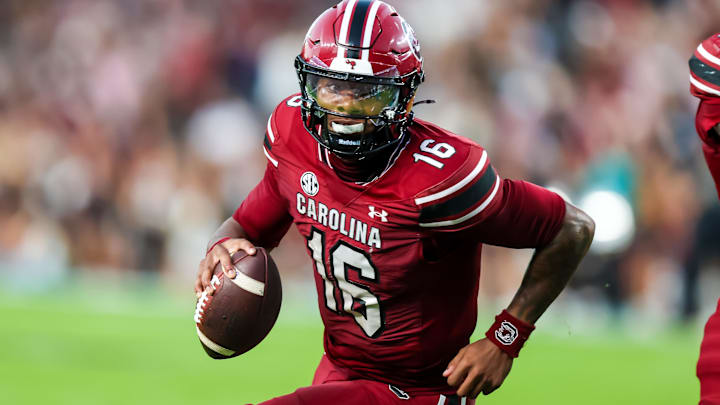 Nov 22, 2025; Columbia, South Carolina, USA; South Carolina Gamecocks quarterback Lanorris Sellers (16) scrambles against the Coastal Carolina Chanticleers in the second quarter at Williams-Brice Stadium. Mandatory Credit: Jeff Blake-Imagn Images