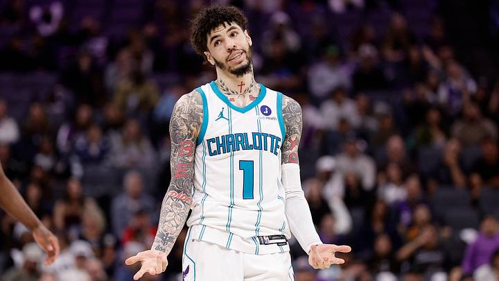 Mar 11, 2026; Sacramento, California, USA; Charlotte Hornets guard LaMelo Ball (1) gestures after scoring a three point basket against the Sacramento King during the fourth quarter at Golden 1 Center. Mandatory Credit: Kelley L Cox-Imagn Images