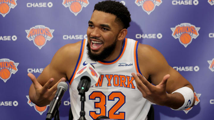 Sep 23, 2025; New York, NY, USA; New York Knicks center Karl-Anthony Towns speaks to the media during a media day press conference at the Madison Square Garden training center. Mandatory Credit: Brad Penner-Imagn Images