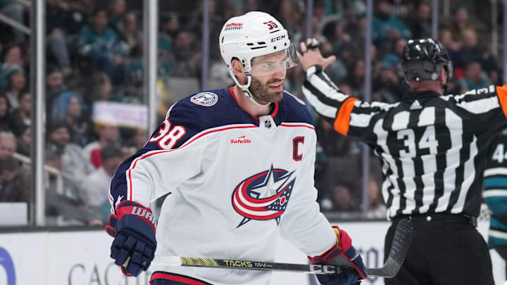 Feb 17, 2024; San Jose, California, USA; Columbus Blue Jackets center Boone Jenner (38) during the first period against the San Jose Sharks at SAP Center at San Jose. Mandatory Credit: Darren Yamashita-Imagn Images