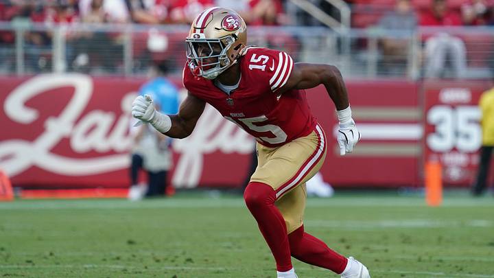 San Francisco 49ers wide receiver De'zhaun Stribling (15) sprints from the line of scrimmage in the first quarter against the Tennessee Titans at Levi's Stadium. Mandatory Credit: David Gonzales-Imagn Images San Francisco 49ers wide receiver De'zhaun Stribling (15) sprints from the line of scrimmage in the first quarter against the Tennessee Titans at Levi's Stadium. Mandatory Credit: David Gonzales-Imagn Images