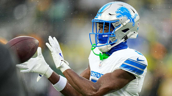 Detroit Lions cornerback Terrion Arnold (0) warms up before the Green Bay Packers game at Lambeau Field in Green Bay, Wis. on Sunday, Nov. 3, 2024.