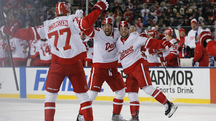 Mar 1, 2025; Columbus, Ohio, USA; Detroit Red Wings right wing Alex DeBrincat (93) celebrates his goal against the Columbus Blue Jackets during the third period at Ohio Stadium. Mandatory Credit: Russell LaBounty-Imagn Images