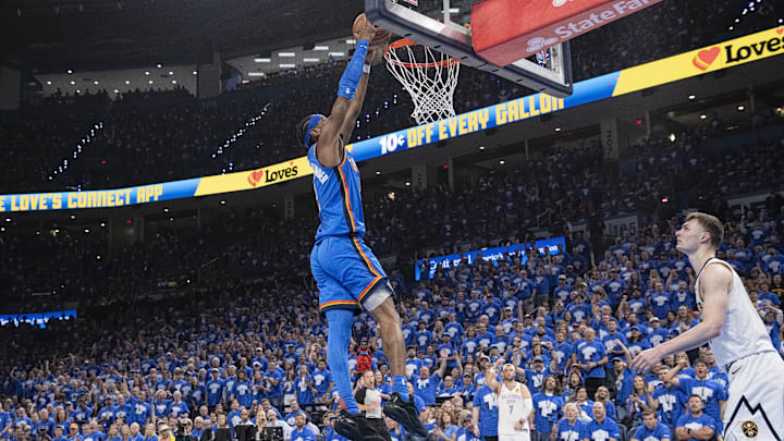 May 18, 2025; Oklahoma City, Oklahoma, USA; Oklahoma City Thunder guard Shai Gilgeous-Alexander (2) dunks against the Denver Nuggets during the second half in Game 7 of the second round at Paycom Center. Mandatory Credit: Alonzo Adams-Imagn Images May 18, 2025; Oklahoma City, Oklahoma, USA; Oklahoma City Thunder guard Shai Gilgeous-Alexander (2) dunks against the Denver Nuggets during the second half in Game 7 of the second round at Paycom Center. Mandatory Credit: Alonzo Adams-Imagn Images