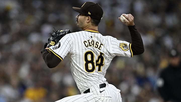 Oct 9, 2024; San Diego, California, USA; San Diego Padres pitcher Dylan Cease (84) throws in the first inning against the Los Angeles Dodgers during game four of the NLDS for the 2024 MLB Playoffs at Petco Park. Oct 9, 2024; San Diego, California, USA; San Diego Padres pitcher Dylan Cease (84) throws in the first inning against the Los Angeles Dodgers during game four of the NLDS for the 2024 MLB Playoffs at Petco Park.