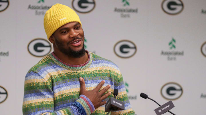 Green Bay Packers edge rusher Micah Parsons speaks during an introductory press conference at Lambeau Field 