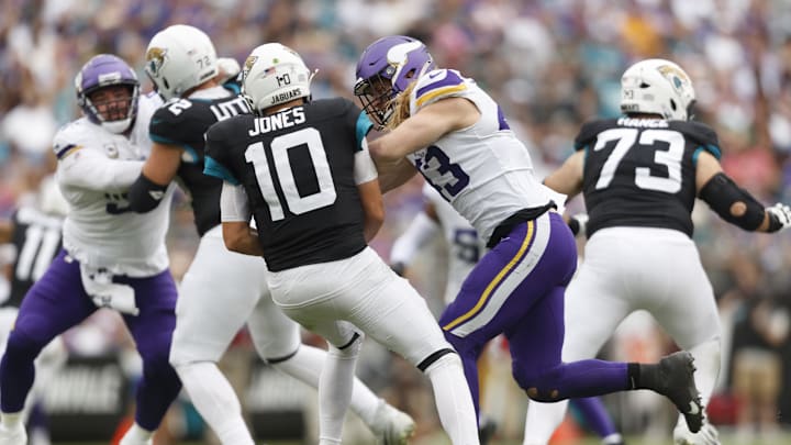 Nov 10, 2024; Jacksonville, Florida, USA; Minnesota Vikings offensive linebacker Andrew Van Ginkel (43) sacks Jacksonville Jaguars quarterback Mac Jones (10) during the third quarter at EverBank Stadium.