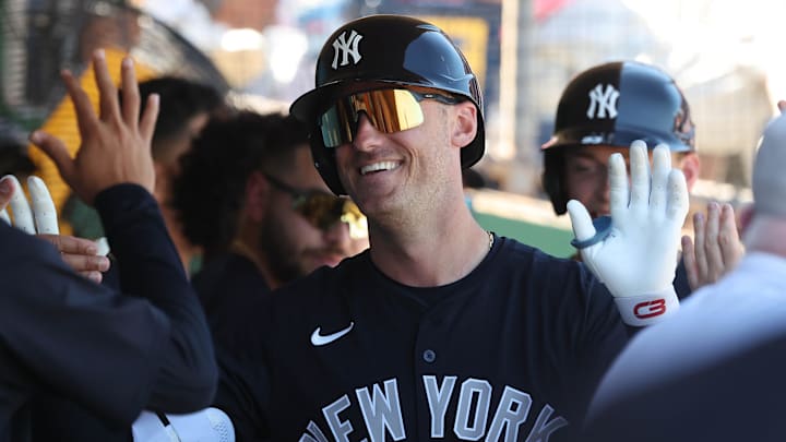 New York Yankees outfielder Cody Bellinger is congratulated ater he hit a home run during spring training.