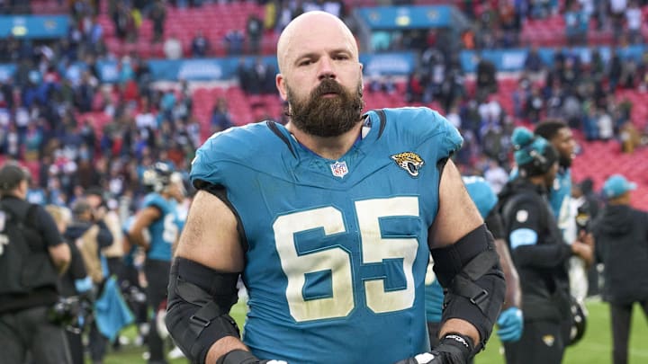 Oct 20, 2024; London, United Kingdom; Jacksonville Jaguars center Mitch Morse (65) leaves the field after the game against the New England Patriots  during an NFL International Series game at Wembley Stadium. Mandatory Credit: Peter van den Berg-Imagn Images