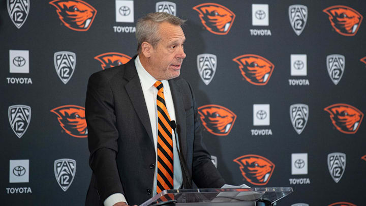 Vice president and director of athletics Scott Barnes speaks about the hiring of JaMarcus Shephard as the new head coach for Oregon State football at Reser Stadium on Tuesday, Dec. 2 29, 2025, in Corvallis, Ore.