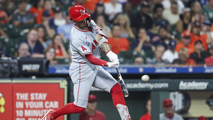 Sep 22, 2024; Houston, Texas, USA; Los Angeles Angels shortstop Zach Neto (9) hits a home run during the eighth inning against the Houston Astros at Minute Maid Park. Mandatory Credit: Troy Taormina-Imagn Images Sep 22, 2024; Houston, Texas, USA; Los Angeles Angels shortstop Zach Neto (9) hits a home run during the eighth inning against the Houston Astros at Minute Maid Park. Mandatory Credit: Troy Taormina-Imagn Images