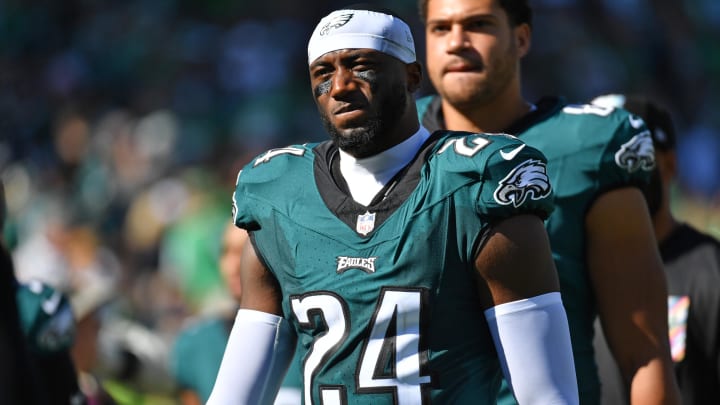 Oct 1, 2023; Philadelphia, Pennsylvania, USA; Philadelphia Eagles cornerback James Bradberry (24) against the Washington Commanders at Lincoln Financial Field. Mandatory Credit: Eric Hartline-USA TODAY Sports Oct 1, 2023; Philadelphia, Pennsylvania, USA; Philadelphia Eagles cornerback James Bradberry (24) against the Washington Commanders at Lincoln Financial Field. Mandatory Credit: Eric Hartline-USA TODAY Sports